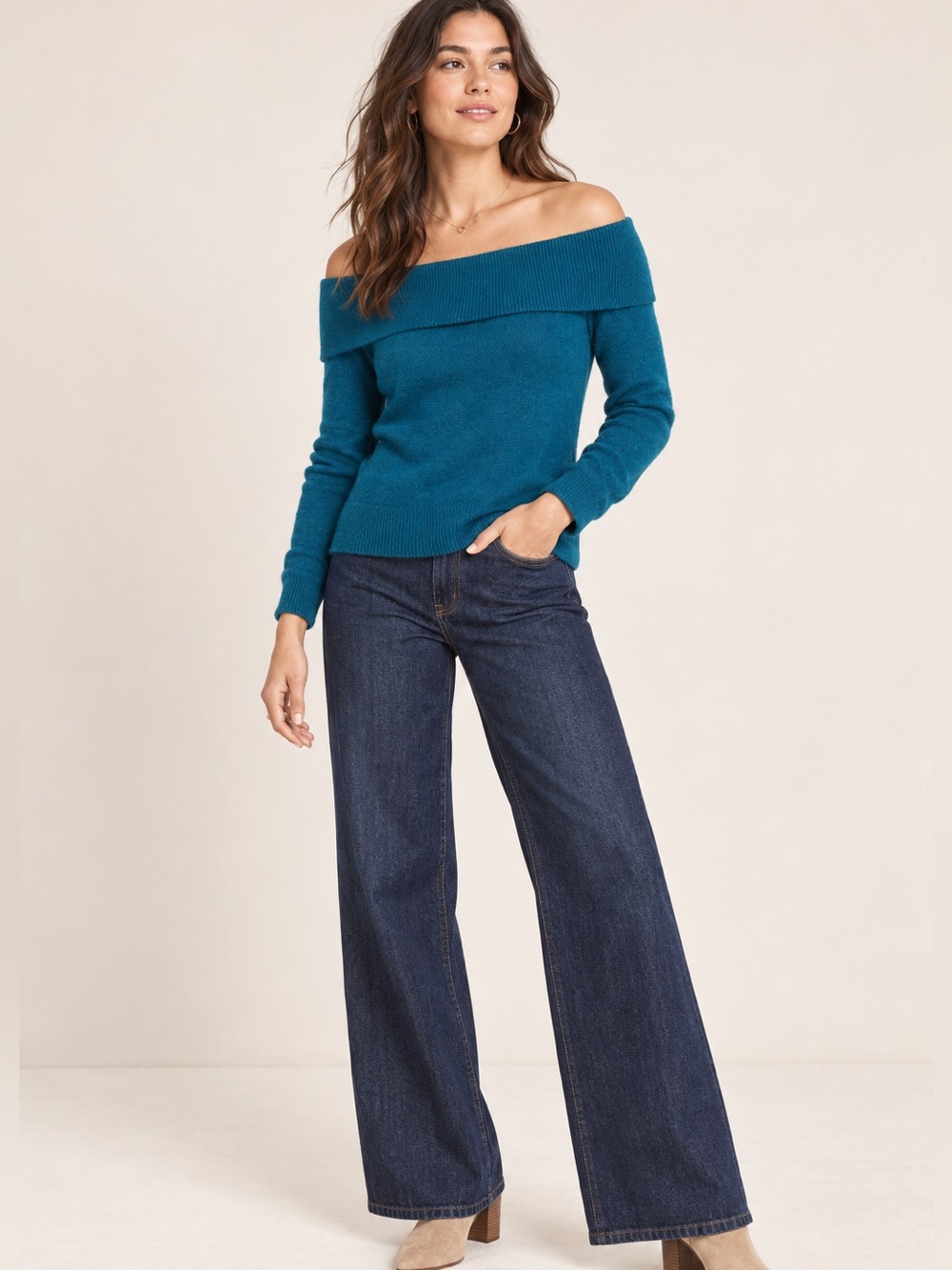 Anthropologie Shelby Off the Shoulder Sweater Women’s Medium Pullover Knit Teal